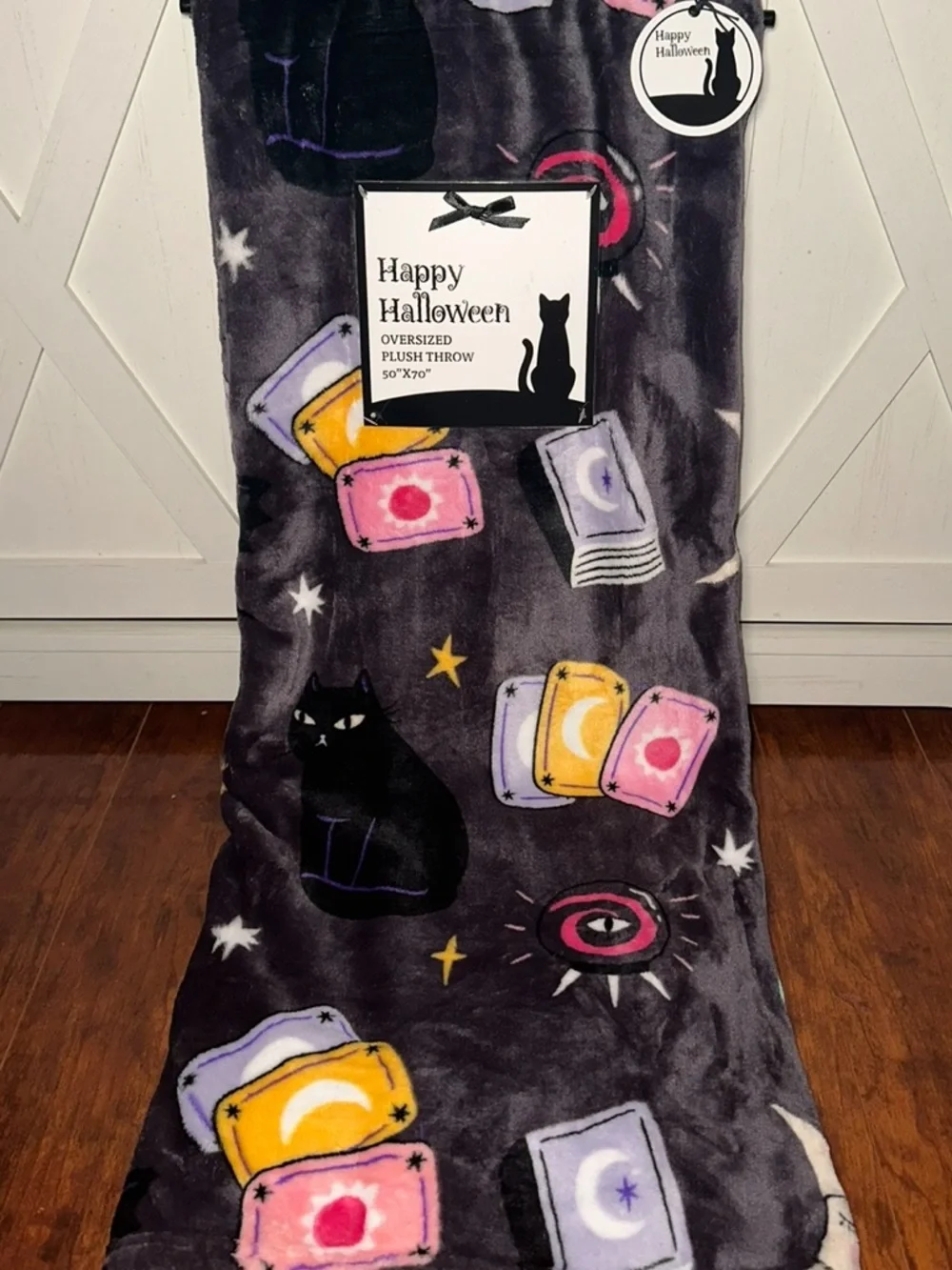 Happy Halloween Tarrot Cards & Black Cats Plush Throw Blanket